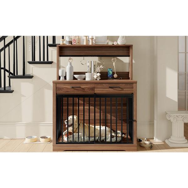 HKM-9270205 Heavy Duty 38" Dog Crate Furniture with Storage Drawers and Sliding Door, Indoor Table for Medium Dogs, Brown