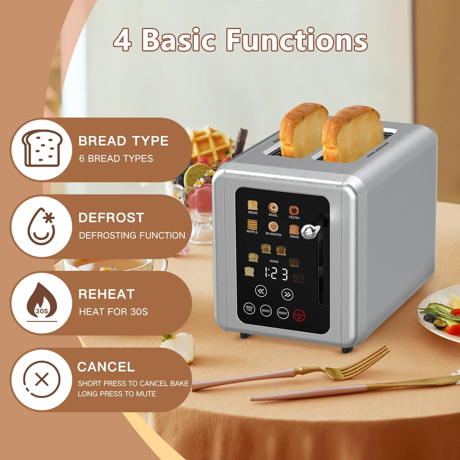 HKM-927251 Automatic 2-Slice Stainless Steel Bread Toaster with Fast Heating Function