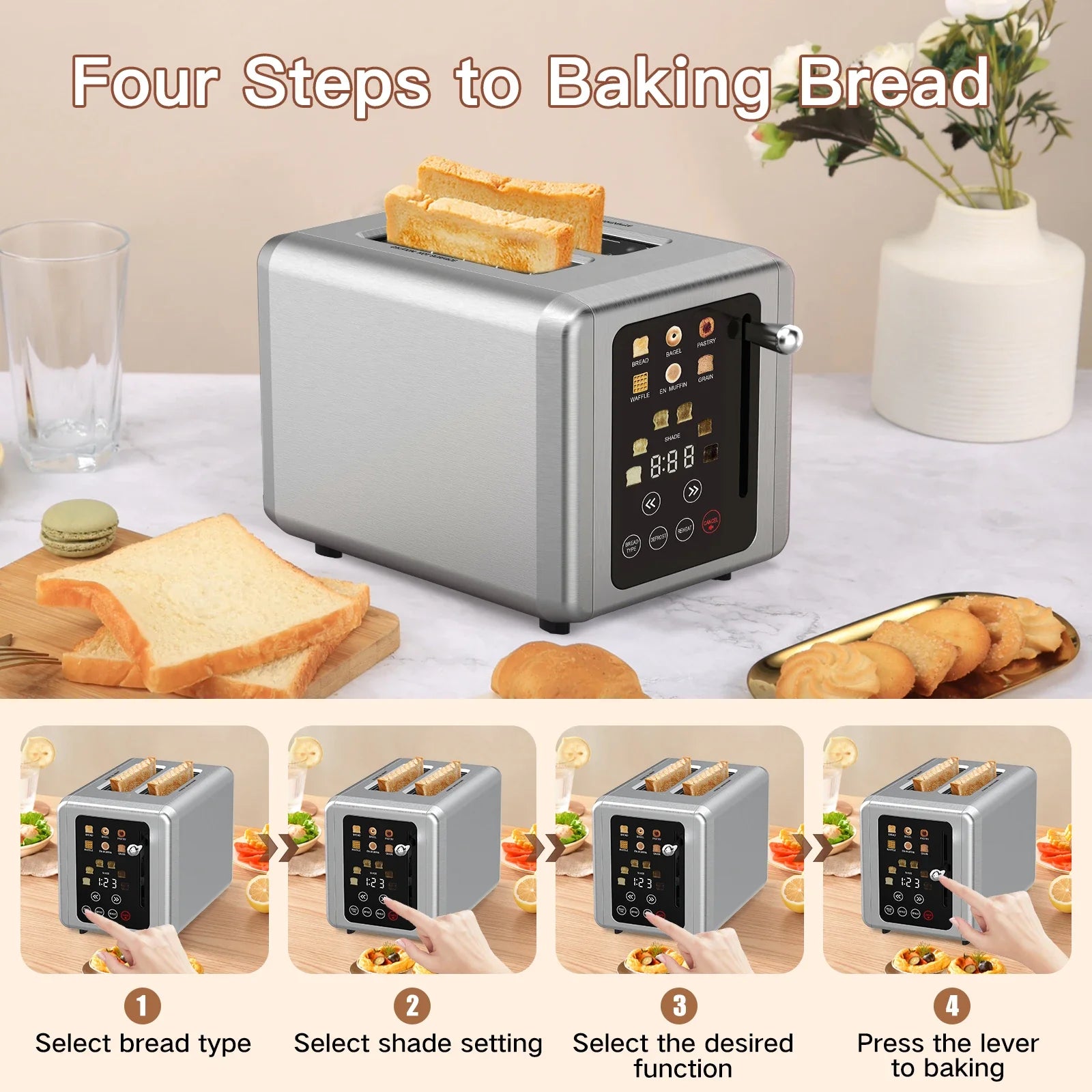 HKM-927251 Automatic 2-Slice Stainless Steel Bread Toaster with Fast Heating Function