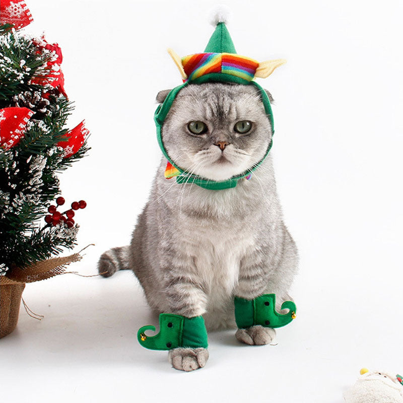 HKM-9272765 Festive Dog Christmas Hat Set with Adjustable Collar and Foot Covers - Green Cartoon Design