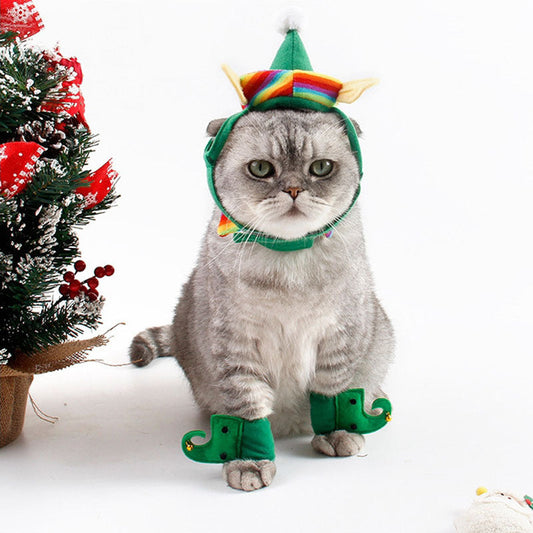 HKM-9272765 Festive Dog Christmas Hat Set with Adjustable Collar and Foot Covers - Green Cartoon Design