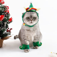 HKM-9272765 Festive Dog Christmas Hat Set with Adjustable Collar and Foot Covers - Green Cartoon Design