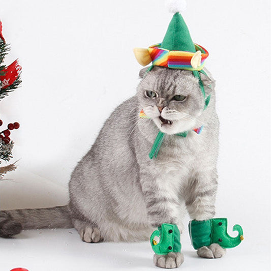 HKM-9272765 Festive Dog Christmas Hat Set with Adjustable Collar and Foot Covers - Green Cartoon Design