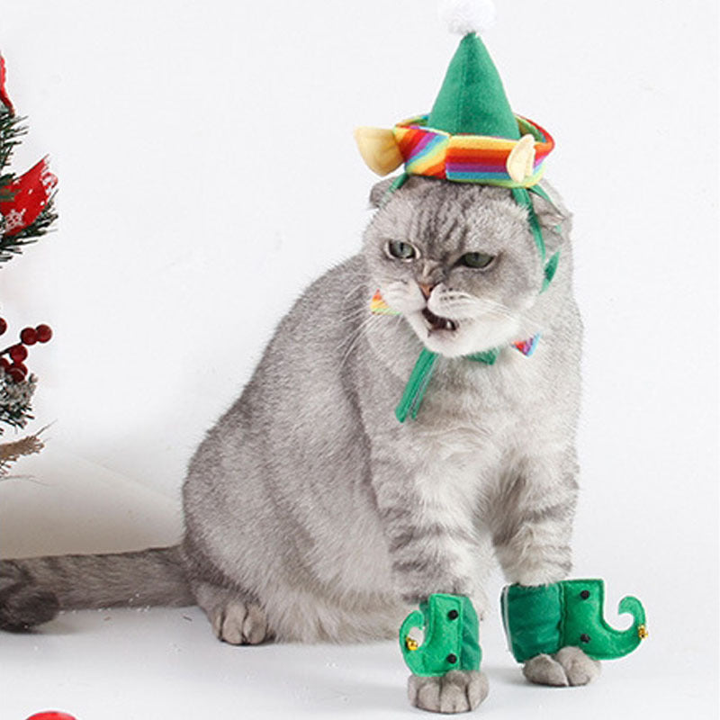 HKM-9272765 Festive Dog Christmas Hat Set with Adjustable Collar and Foot Covers - Green Cartoon Design