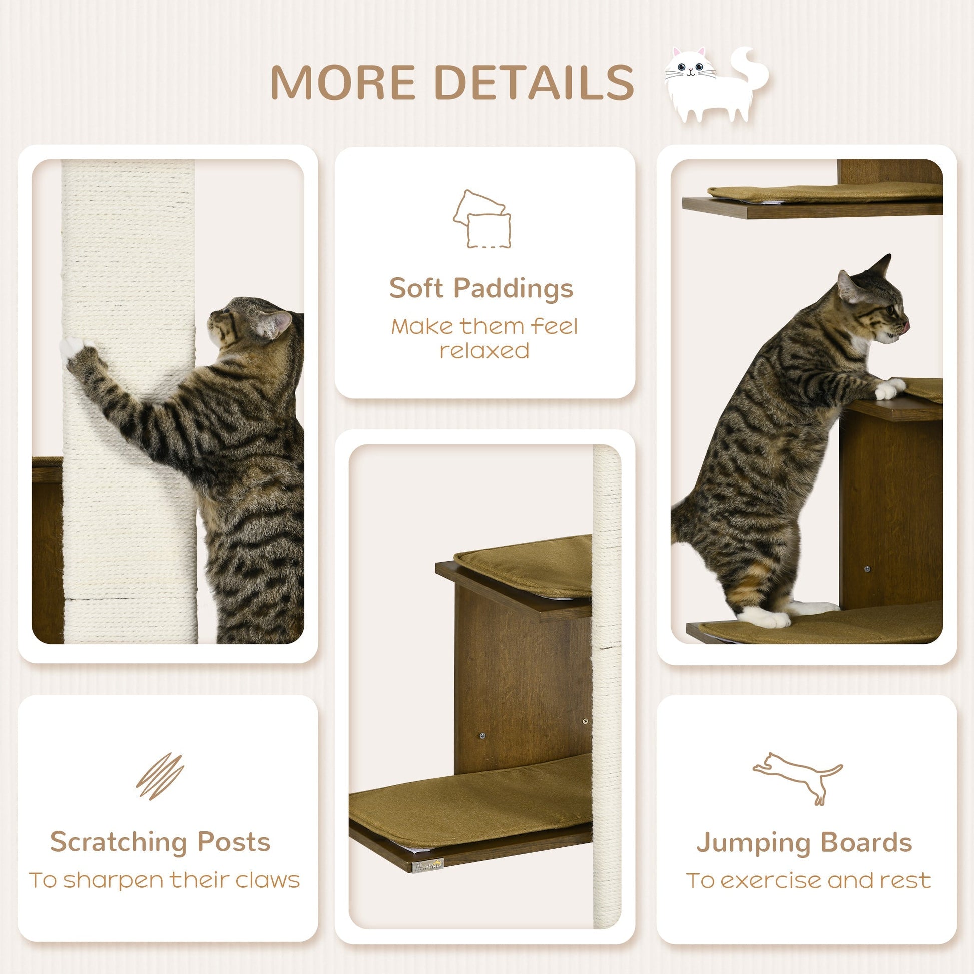 HKM-9277629 4-Layer Wall-Mounted Cat Tree with Cushions and Scratching Board, Natural Beige Cat Activity Center