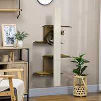 HKM-9277629 4-Layer Wall-Mounted Cat Tree with Cushions and Scratching Board, Natural Beige Cat Activity Center