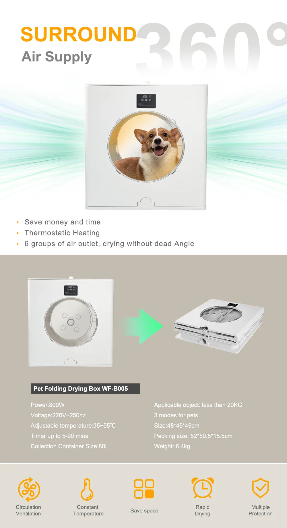 HKM-927763 Foldable 360 Airflow Pet Dryer Box for Cats and Dogs, Eco-Friendly Grooming Solution