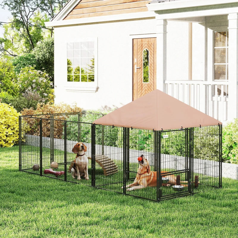 HKM-9278013 Spacious Outdoor Dog Kennel with Adjustable Height Rotating Bowls and Waterproof Canopy