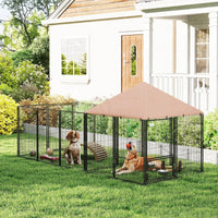 HKM-9278013 Spacious Outdoor Dog Kennel with Adjustable Height Rotating Bowls and Waterproof Canopy