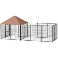 HKM-9278013 Spacious Outdoor Dog Kennel with Adjustable Height Rotating Bowls and Waterproof Canopy