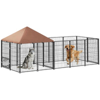 HKM-9278013 Spacious Outdoor Dog Kennel with Adjustable Height Rotating Bowls and Waterproof Canopy