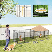 HKM-9278013 Spacious Outdoor Dog Kennel with Adjustable Height Rotating Bowls and Waterproof Canopy