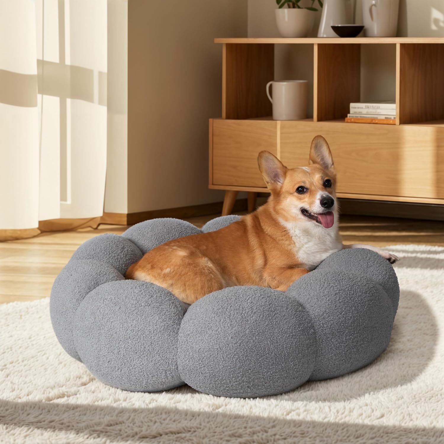HKM-9281597 Fluffy Flower Design Calming Pet Bed for Indoor Cats and Dogs | Non-Slip, Machine Washable, Eco-Friendly