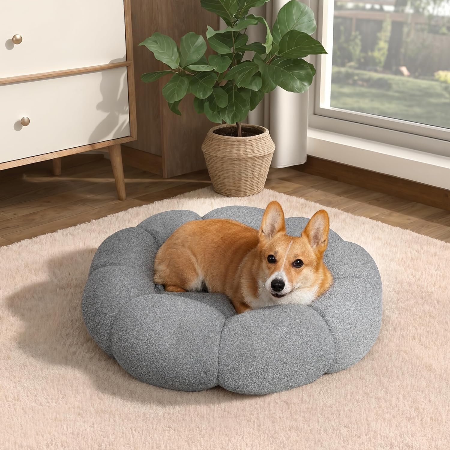 HKM-9281597 Fluffy Flower Design Calming Pet Bed for Indoor Cats and Dogs | Non-Slip, Machine Washable, Eco-Friendly