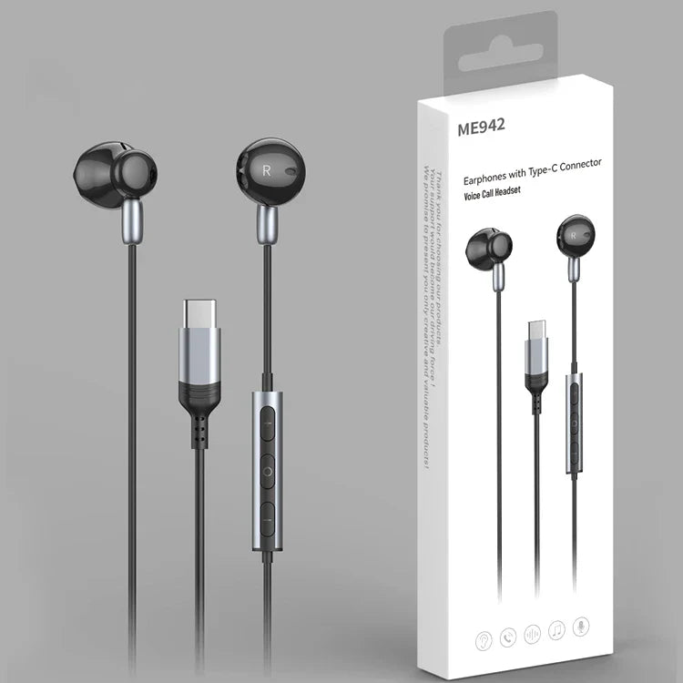 HKM-928659 Type-C Wired In-Ear Noise Cancelling Headphones with Mic for iPhone 15 and Samsung Devices