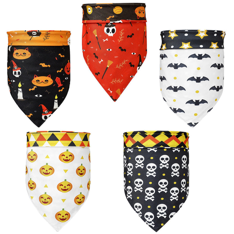 HKM-9287485 Halloween Dog Scarf with Cartoon Pumpkin and Bat Patterns - Triangular Polyester Bib