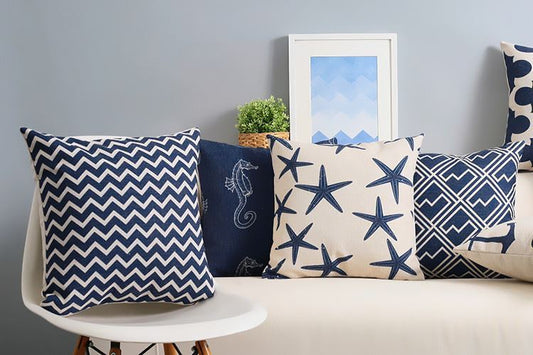 HKM-928787 Mediterranean Blue Geometric Cotton and Linen Cushion Case, 45x45cm