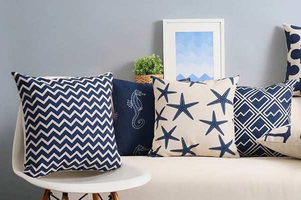 HKM-928787 Mediterranean Blue Geometric Cotton and Linen Cushion Case, 45x45cm