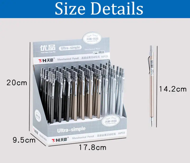 HKM-928787 Student Mechanical Pencil Set 0.5mm & 0.7mm for Writing and Drafting - Silver/Black, 60pcs Box