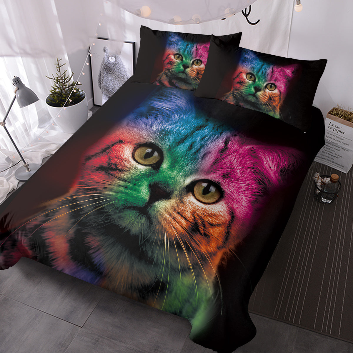 HKM-928979 Colorful Cat Pattern Microfiber Duvet Cover Set with Pillow Shams for Single Bed