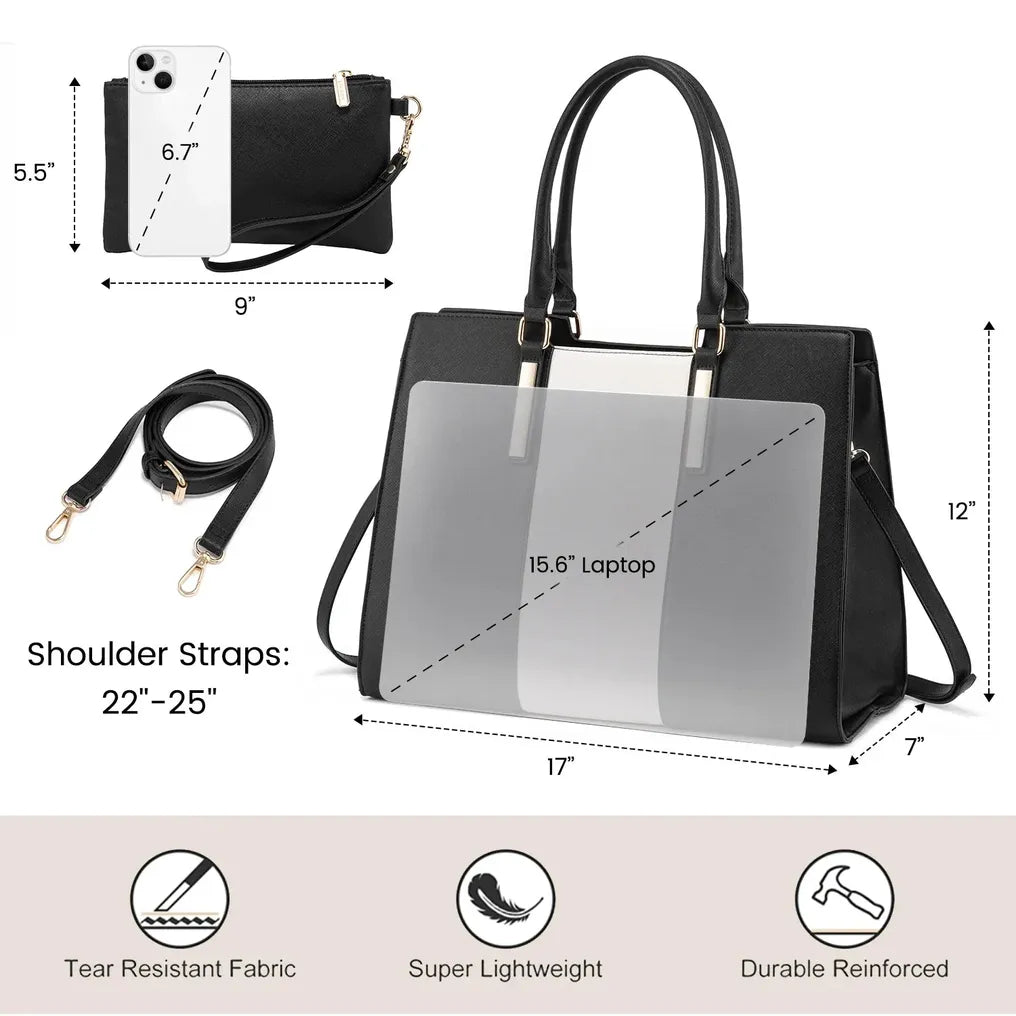 HKM-929363 Waterproof Leather Laptop Tote Bag for 15.6 Inch Laptops - Stylish and Spacious Handbag