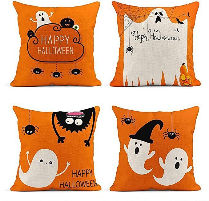 HKM-929491 Halloween Orange Ghost Cotton and Linen Pillowcase - 45x45cm Nordic Style Cover for Home and Outdoor Decor