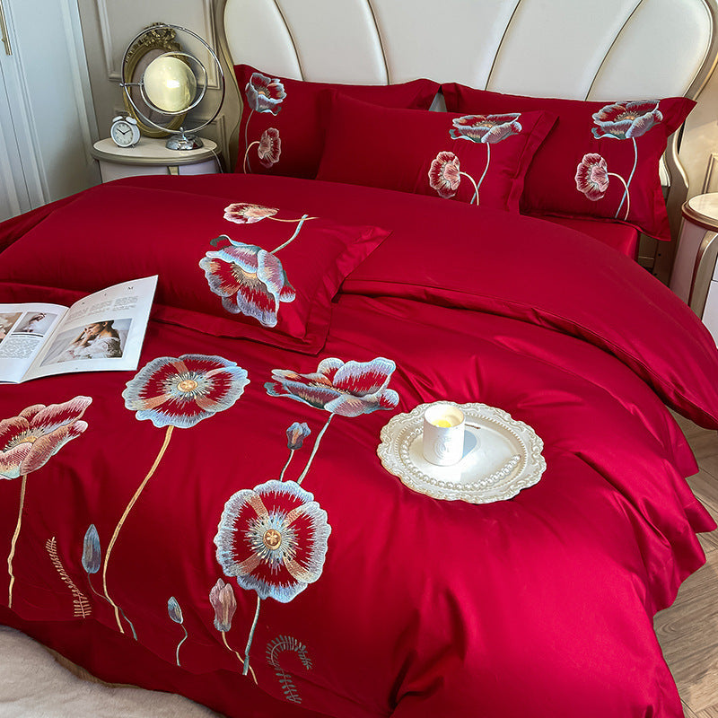 HKM-929811 Pure Cotton Four-Piece Bed Sheet Duvet Cover Set with Embroidery and Geometric Patterns