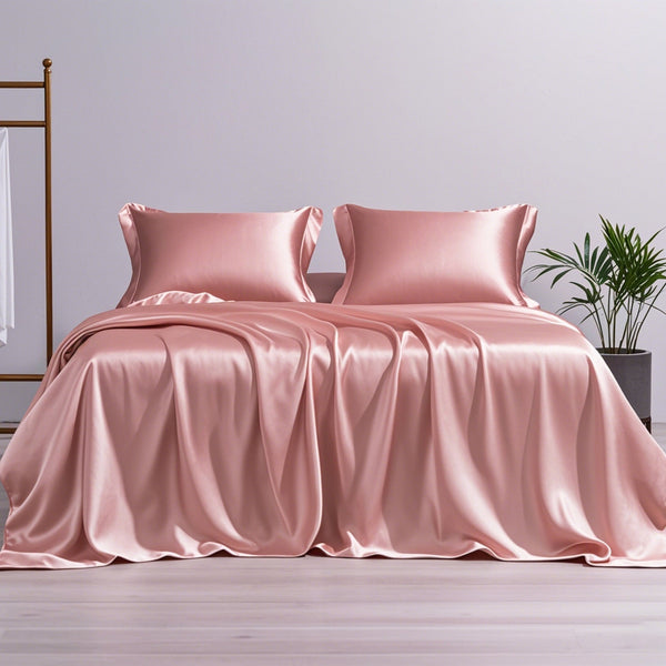 HKM-929811 Silk Bed Sheet Fitted Four-Piece Set - Solid Color Modern Design