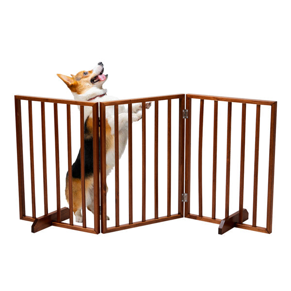 HKM-9302973 Brown Foldable 24-Inch Freestanding Wood Pet Fence for Indoor Use