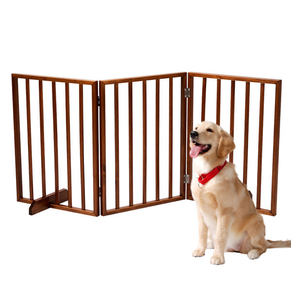 HKM-9302973 Brown Foldable 24-Inch Freestanding Wood Pet Fence for Indoor Use