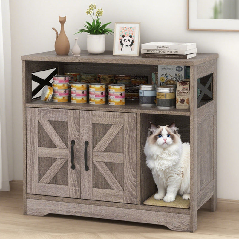 HKM-9305021 Gray Cat Litter Box Enclosure with Storage - Hidden Washroom Furniture and Scratching Pad