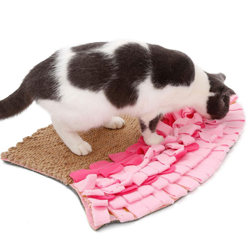 HKM-9307965 Natural Jute Cat Mat Blanket with Polar Fleece Sniffing Toy - Pink & Yellow