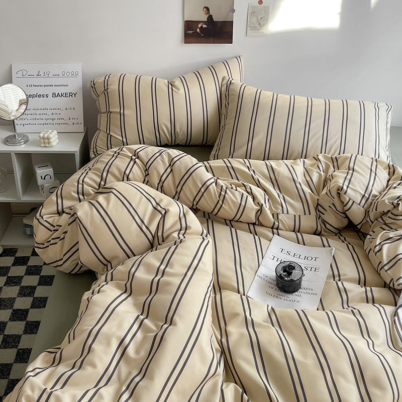 HKM-930963 Simple Striped Four-Piece Bed Sheet Set with Quilted Cover and Pillowcases in Multiple Sizes