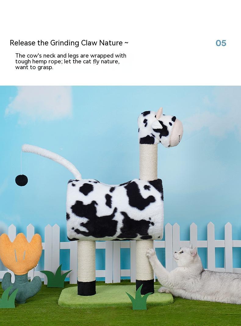 HKM-9310397 Cow Print Cat Climbing Frame with Scratching Post and Shelf for Playtime