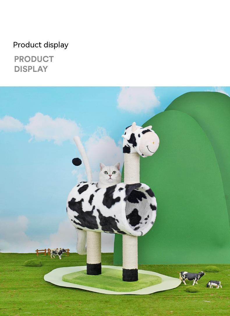 HKM-9310397 Cow Print Cat Climbing Frame with Scratching Post and Shelf for Playtime
