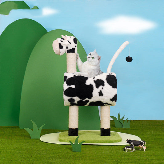 HKM-9310397 Cow Print Cat Climbing Frame with Scratching Post and Shelf for Playtime