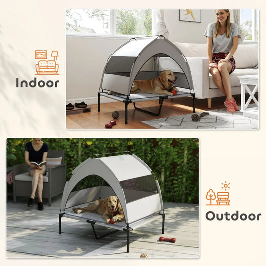 HKM-9310781 Elevated Dog Bed with Removable Canopy, Portable Outdoor Pet Cot with Cooling Pad and Storage Bag
