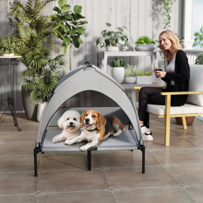 HKM-9310781 Elevated Dog Bed with Removable Canopy, Portable Outdoor Pet Cot with Cooling Pad and Storage Bag