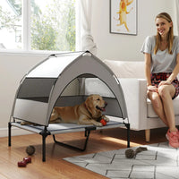 HKM-9310781 Elevated Dog Bed with Removable Canopy, Portable Outdoor Pet Cot with Cooling Pad and Storage Bag
