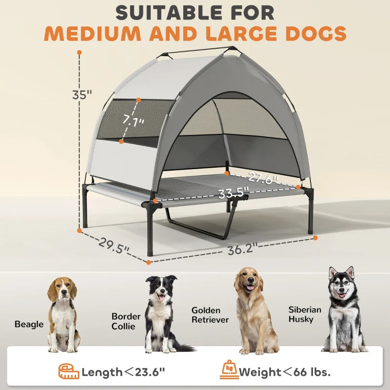 HKM-9310781 Elevated Dog Bed with Removable Canopy, Portable Outdoor Pet Cot with Cooling Pad and Storage Bag
