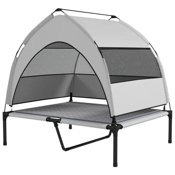 HKM-9310781 Elevated Dog Bed with Removable Canopy, Portable Outdoor Pet Cot with Cooling Pad and Storage Bag