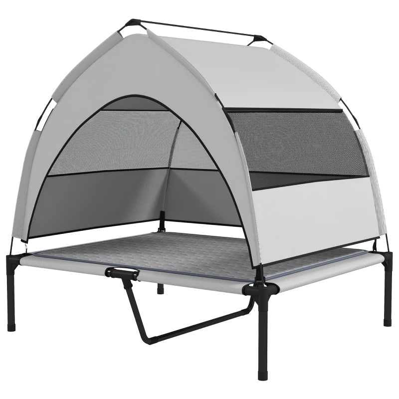 HKM-9310781 Elevated Dog Bed with Removable Canopy, Portable Outdoor Pet Cot with Cooling Pad and Storage Bag