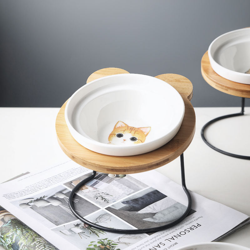 HKM-9313085 Ceramic Cat Bowl Holder with Rack ¨C Various Colors and Single/Double Bowl Options
