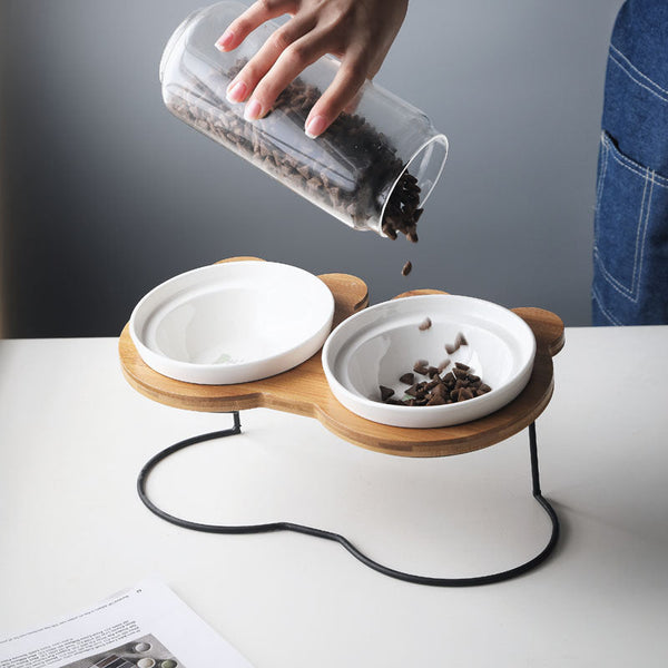 HKM-9313085 Ceramic Cat Bowl Holder with Rack ¨C Various Colors and Single/Double Bowl Options