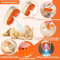 HKM-9314365 4-in-1 Steamy Cat Brush with Vibration Massage, Water Spray, and Ringworm Detector for Grooming and Shedding Control