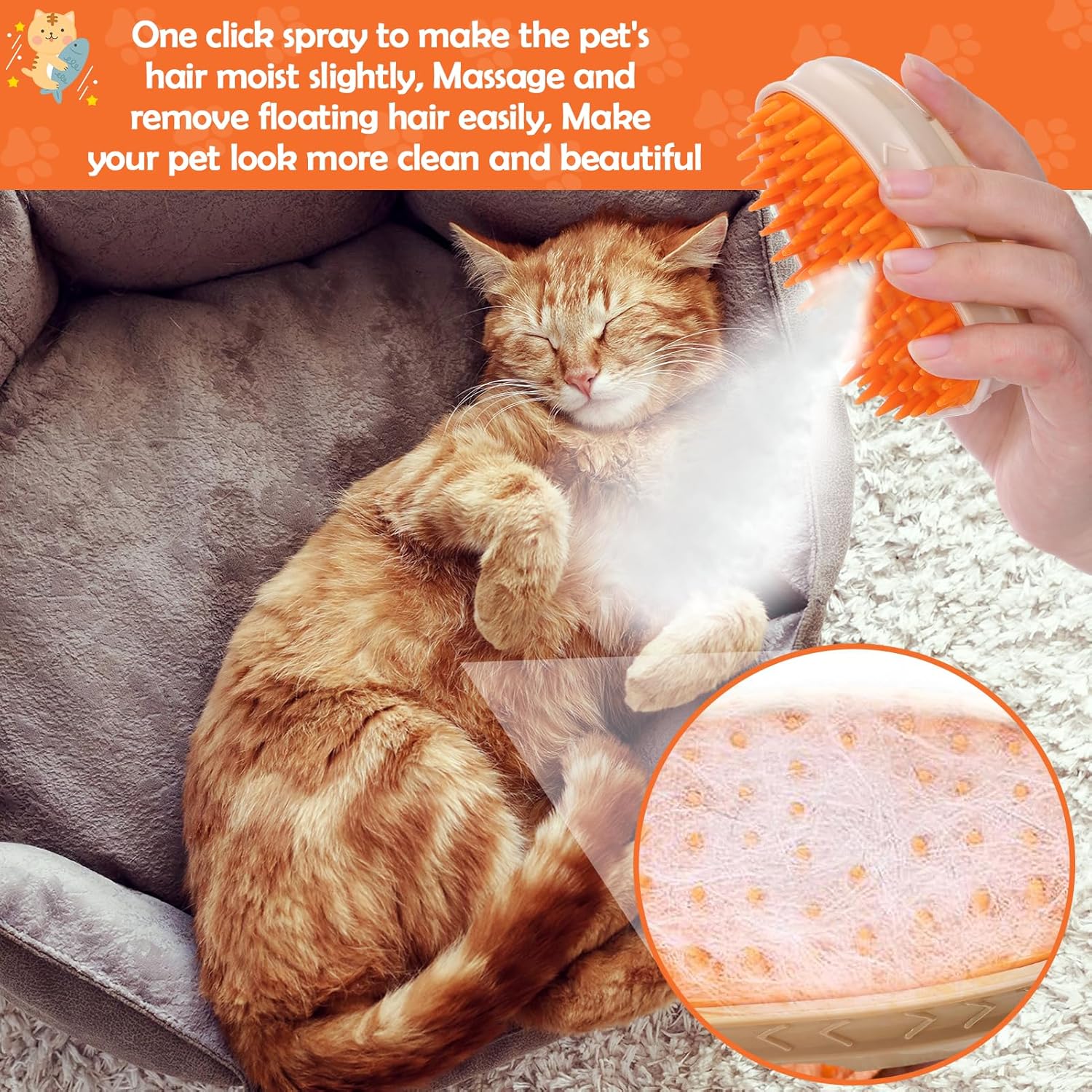 HKM-9314365 4-in-1 Steamy Cat Brush with Vibration Massage, Water Spray, and Ringworm Detector for Grooming and Shedding Control