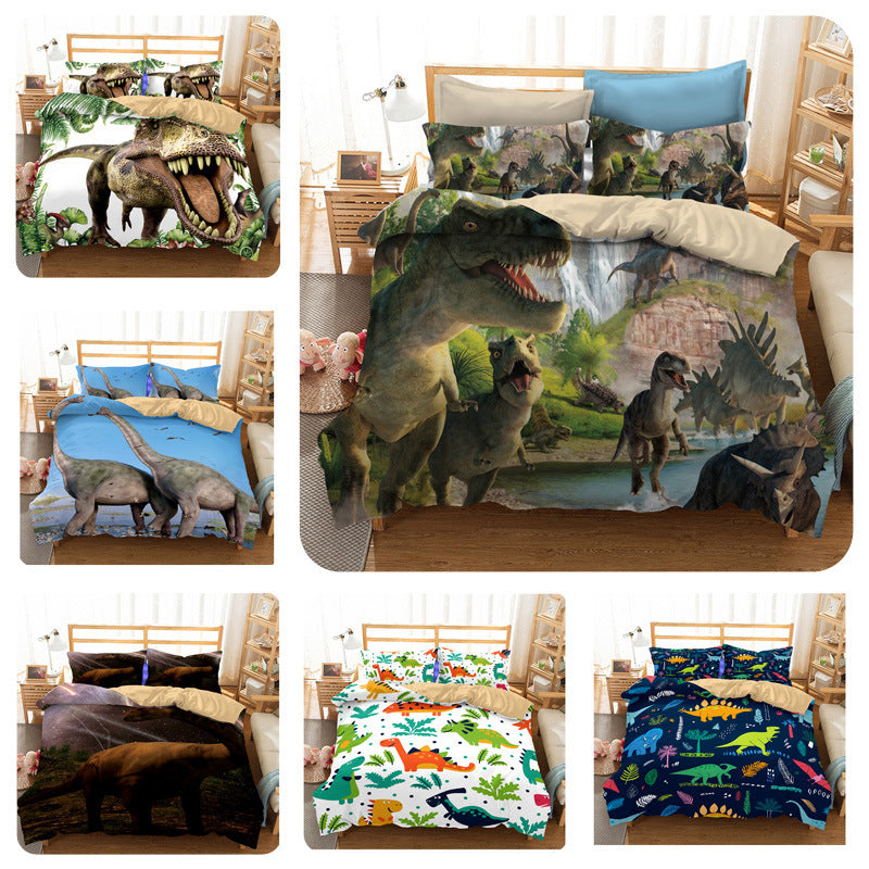 HKM-931795 Cartoon Dinosaur Themed Bedding Quilt Set with Duvet Cover and Pillowcases, Multiple Sizes Available