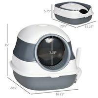 HKM-9318333 Dome Covered Cat Litter Box with Lid, White and Gray, Features Privacy Door, Grate, and Litter Scoop