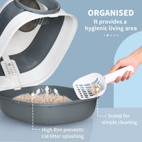 HKM-9318333 Dome Covered Cat Litter Box with Lid, White and Gray, Features Privacy Door, Grate, and Litter Scoop