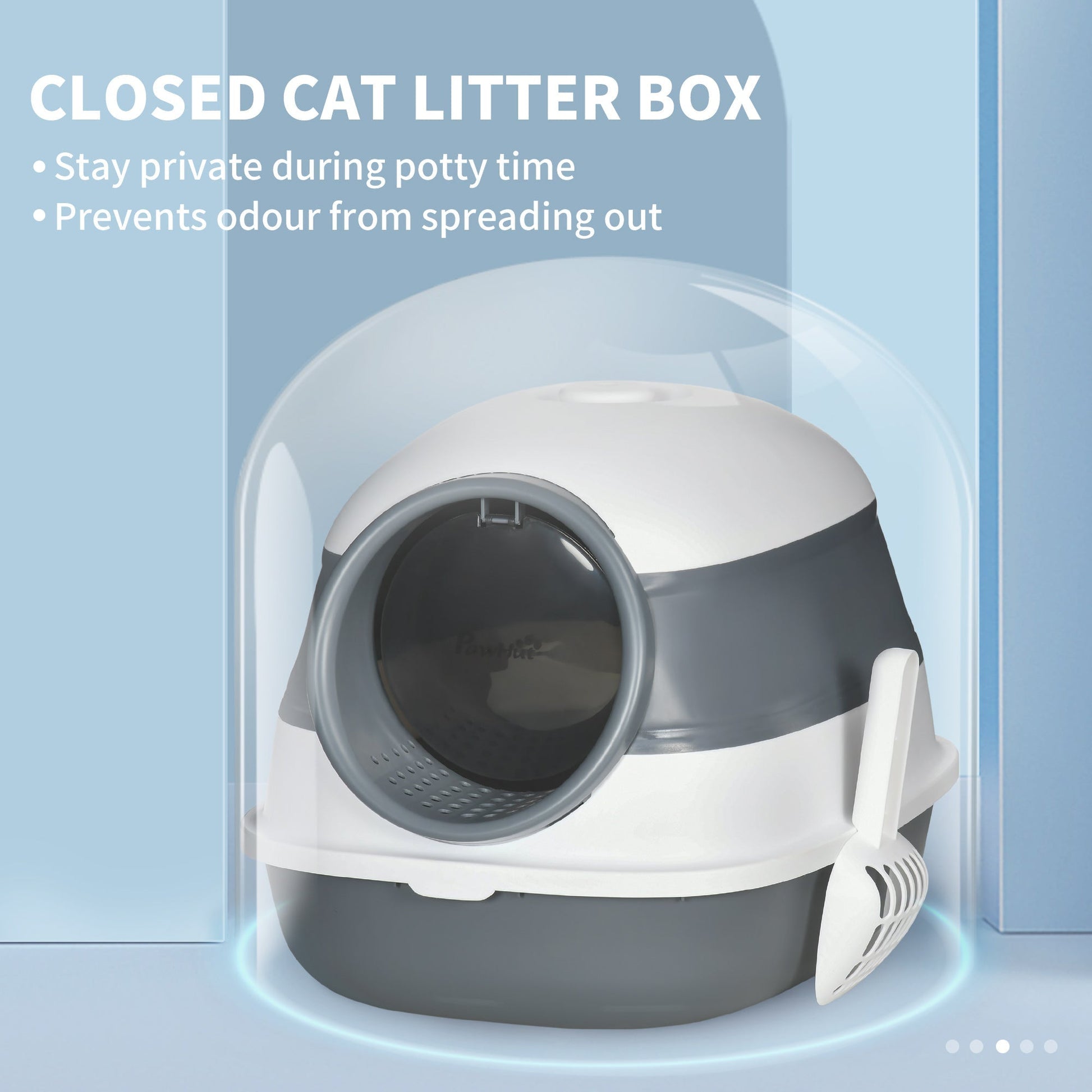 HKM-9318333 Dome Covered Cat Litter Box with Lid, White and Gray, Features Privacy Door, Grate, and Litter Scoop